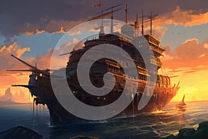 Old medieval ship on beautiful sunset. Generate Ai