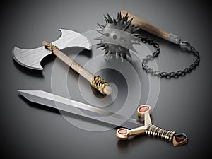 Old Medieval weapons standing on black background. 3D illustration