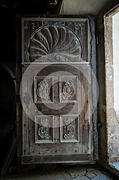 Old medieval wooden carved gates at the Biertan fortified saxon church, Unesco World Heritage site, in Biertan village,