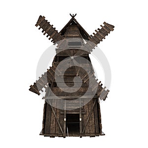 Old medieval wooden windmill. 3D rendering isolated on white background