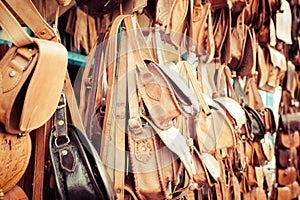 Old Medina souk Fez, artisan shop of colorful moroccan leather,