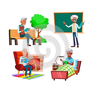 Old Men Reading Book Relaxation Time Set Vector