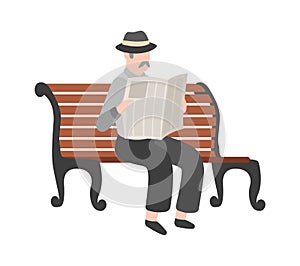 Old men reading newspaper outdoor, grandfather with mustache in hat sits on bench, gentleman walk in park. Flat vector