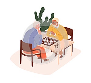 Old men, senior friends playing chess, board game. Elderly people, retired characters players at chessboard at home