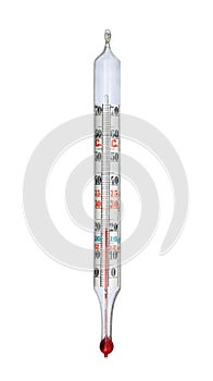 Old mercury glass thermometer on white background