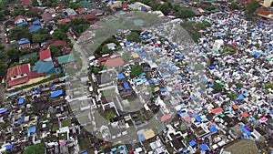 Old, messy city public cemetery. Drone aerial shot