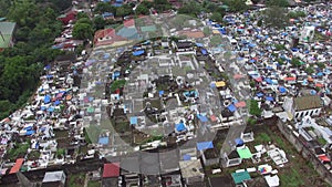 Old, Messy city public cemetery. Drone aerial shot