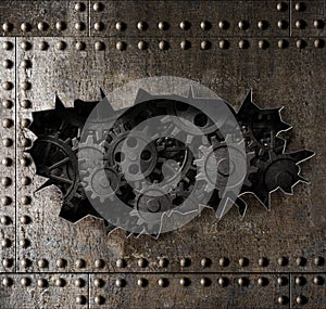 Old metal armour background with rusty gears and cogs 3d illustration