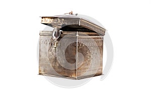 Old metal box on white