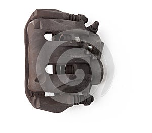 Old metal brake caliper on a white background in a photo studio for replacement during the repair of the chassis or for a catalog