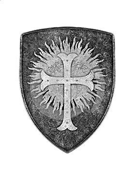 Old metal crusaders shield with cross isolated on white