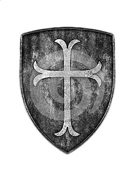 Old metal crusaders shield with cross isolated on white