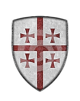 Old metal crusaders shield with red cross isolated on white