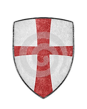 Old metal crusaders shield with red cross isolated on white