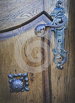 Old metal detail on a wooden door in the charming little town of Frohnleiten in the district of Graz-Umgebung, Styria region,