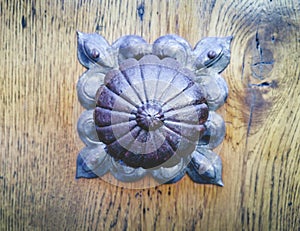 Old metal detail on a wooden door in the charming little town of Frohnleiten in the district of Graz-Umgebung, Styria region,