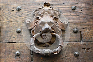 Old metal door knocker as a lions head on a rustic wooden door in italy