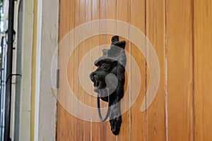 Old metal door knocker on a wooden door