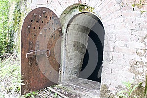 Old metal door to the basement. Metal door to the cellar