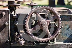 Old metal gears in drive mechanisms. Rusty gears used in machine