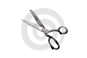 Old metal industrial scissors isolated on white background, saved path, ready for manipulation. Big open metal scissors.