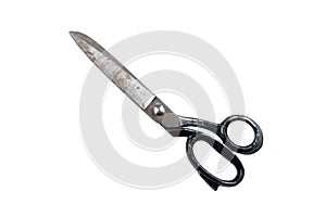 Old metal industrial scissors isolated on white background, saved path, ready for manipulation. Big open metal scissors.