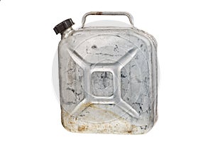 Old metal jerrycan or gasoline canister fuel can isolated on white background