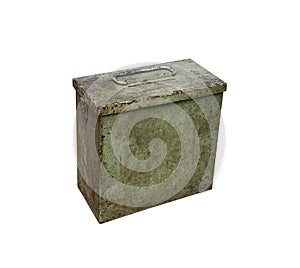 Old metal military box isolate on a white background. Green rusty drawer with handle and lock