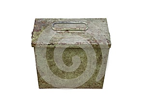 Old metal military box isolate on a white background. Green rusty drawer with handle and lock