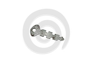 A old, metal padlock key isolated on a white background