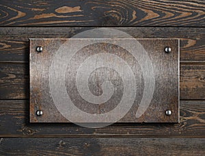 Old metal plate or sign on wooden wall 3d illustration