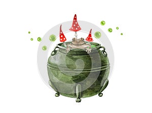 Old metal potion kettle. Hand drawn watercolor illustration. Magic pot with toad, toadstool, green bubbles. Halloween