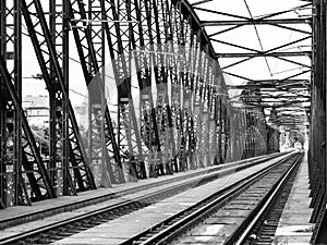 Old metal Railway bridge in Vyton, Prague, Czech Republic. Black and white image