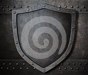 Old metal shield over armour background with rivets 3d illustration