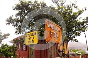 Old metal signs indicating the intersection of Avenida Fox and Paula Souza Avenue in the historic city of Paranapiacaba, Sao Paulo photo