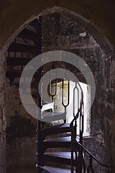 Old Metal Spiral Staircase at Carisbrooke Castle, Newport, the Isle of Wight, England