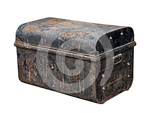 Old metal trunk, coffer isolated on white background. Rusty.