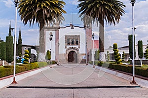 Old Mexican church entrance surrounded by bushes and two palm trees