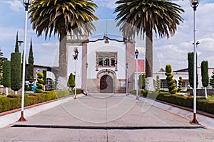 Old Mexican church entrance surrounded by bushes and two palm trees