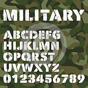 Old military alphabet, bold letters and numbers on army green camouflage background. Stencil vector font