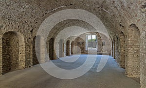 Old military barrack interior .