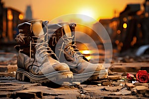 Old military combat boots with red rose on battlefield on sunset ruined city background