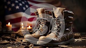 Old military combat boots on a wooden table with the American flag background. AI Generated