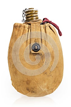 Old military soldiers hiking flask in a canvas carrying case