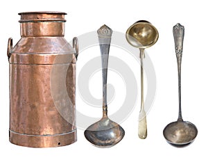 Old milk can copper isolated on white background. Rustic style. Old kitchen utensils and dishes