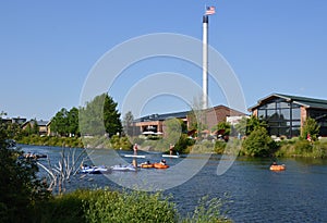 Old Mill District in Summer at the Deschutes River in the City of Bend, Oregon