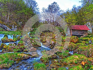 Old mill. River. Waterfall. Landskape. Background.