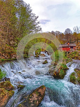 Old mill. River. Waterfall. Landskape. Background.