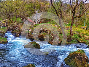 Old mill. River. Waterfall. Landskape. Background.