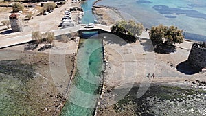 Old mills in Elounda, Crete from above. Panoramic view with drone